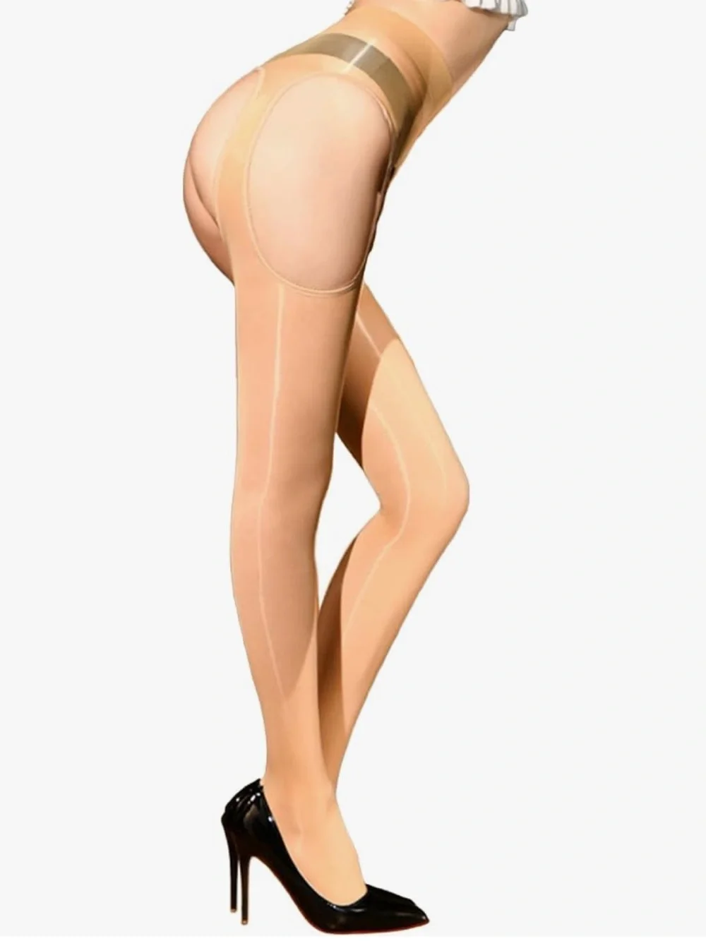 Glossy shiny pinup sheer nude pantyhose stockings garter belt burlesque cabaret